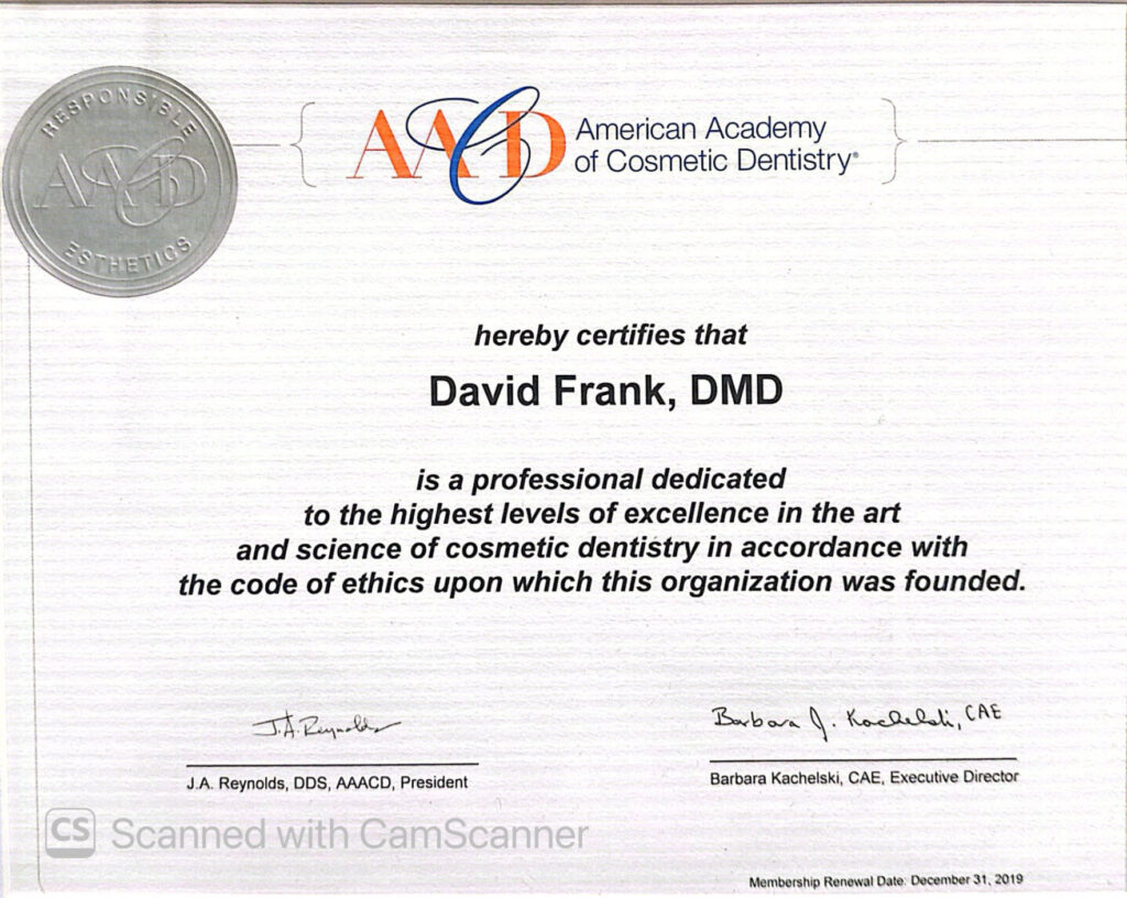 Dr. David Frank — AACD Membership Certificate certificate (Membership renewal date: December 31, 2019)