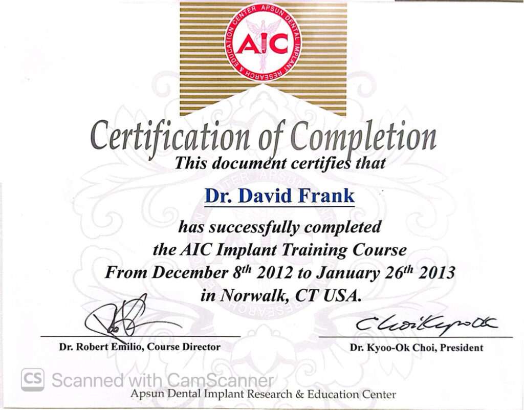 Dr. David Frank — AIC Implant Training Course certificate (December 8, 2012 – January 26, 2013)