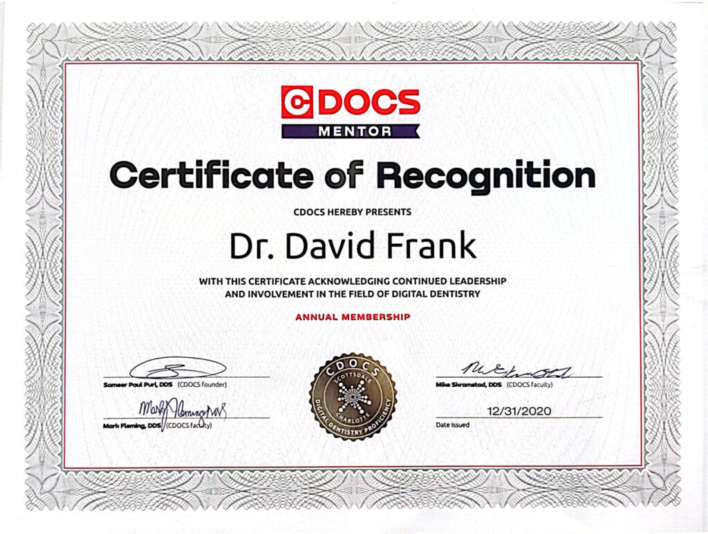 Dr. David Frank — CDOCS Mentor Recognition certificate (Issued December 31, 2020)