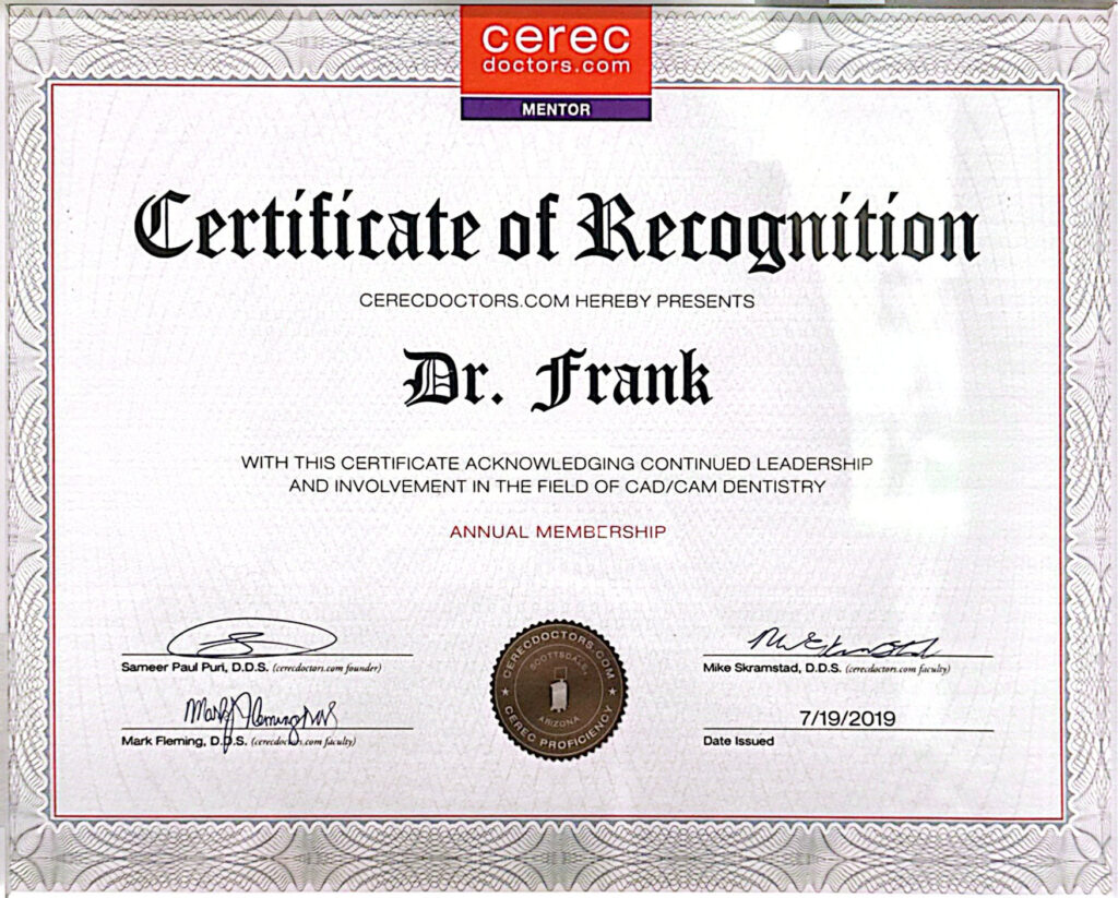 Dr. David Frank — CEREC Doctors Mentor Recognition certificate (Issued July 19, 2019)