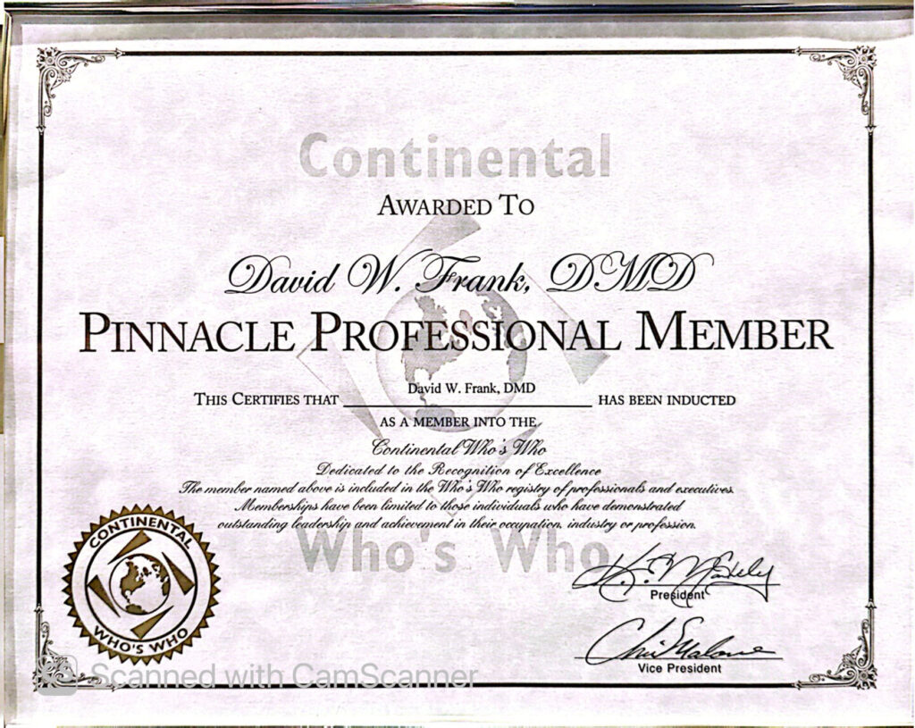 Dr. David Frank — Pinnacle Professional Member certificate