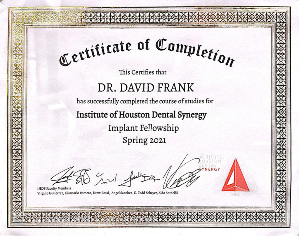 Dr. David Frank — Implant Fellowship certificate (Spring 2021)