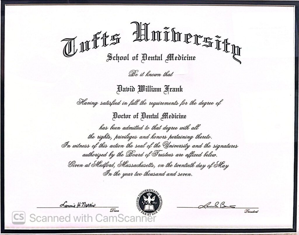 Dr. David Frank — Doctor of Dental Medicine certificate (May 20, 2007)